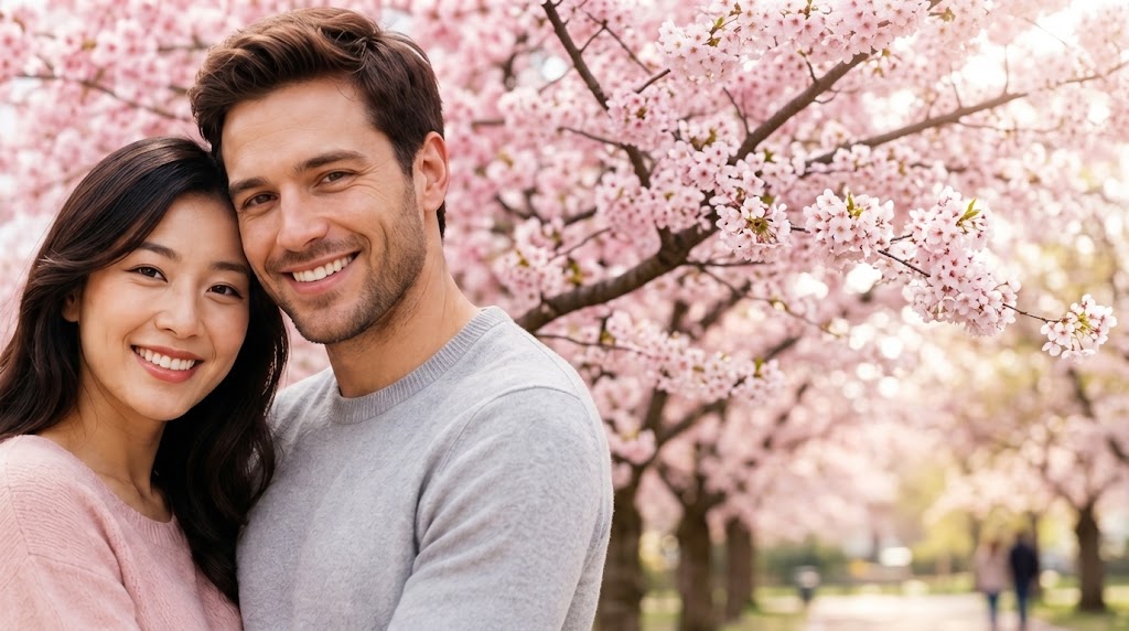 Happy couple beneath cherry blossoms